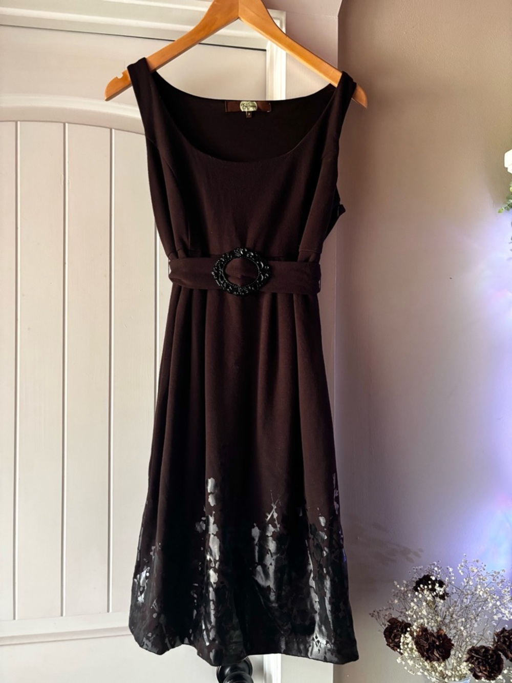 Vintage Eva Franco Dark Brown Sleeveless Midi Dress with Decorative Belt